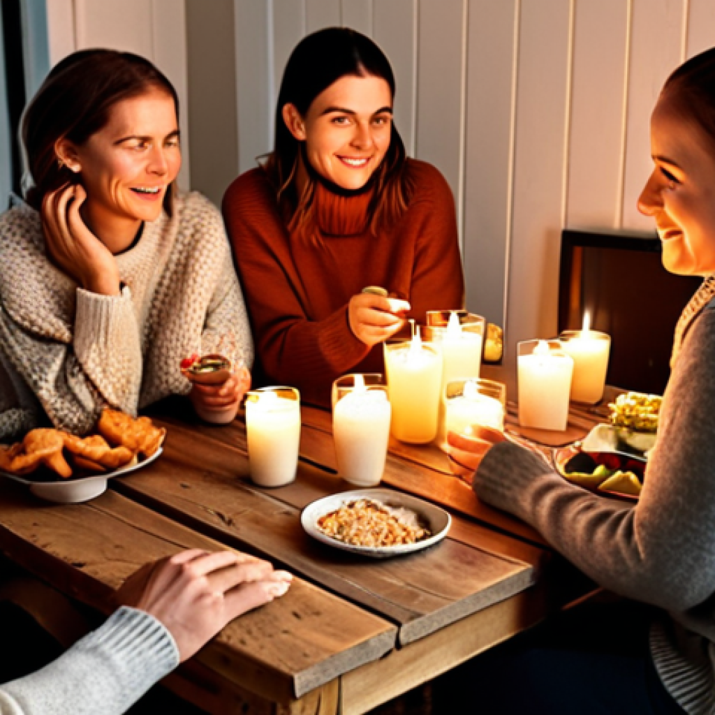 **

A cozy "hygge krog" in Copenhagen. Soft, warm lighting illuminates a group of friends sharing drinks and conversation. Candles flicker on a wooden table laden with snacks. Everyone is bundled in comfortable sweaters, creating a feeling of comfort and conviviality. Focus on the warmth and social connection of Danish "hygge."

**