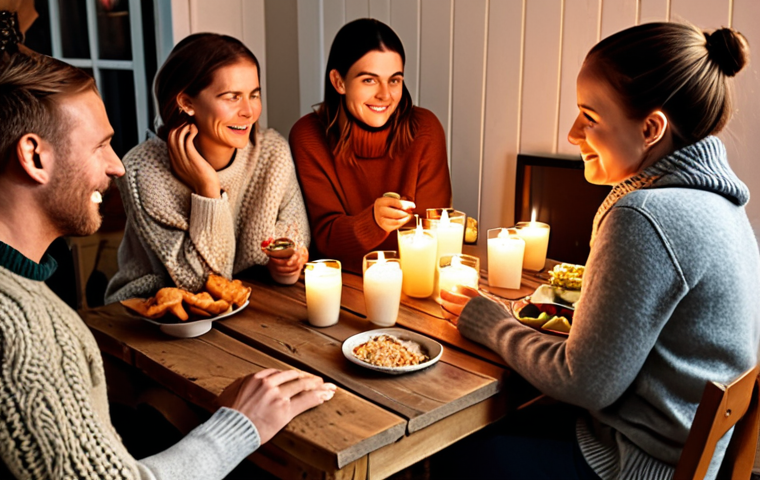 **

A cozy "hygge krog" in Copenhagen. Soft, warm lighting illuminates a group of friends sharing drinks and conversation. Candles flicker on a wooden table laden with snacks. Everyone is bundled in comfortable sweaters, creating a feeling of comfort and conviviality. Focus on the warmth and social connection of Danish "hygge."

**