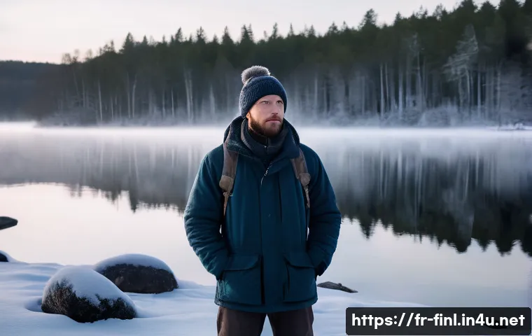 핀란드 국민성 특징 - A serene portrait of an individual demonstrating "Sisu" in a vast, snow-covered Finnish forest. The ...