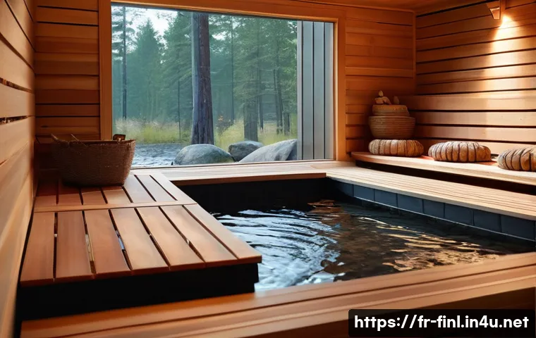 핀란드 사람들의 성향과 예절 - **Prompt: "A serene, traditional Finnish sauna interior with soft, ambient lighting. A diverse group...