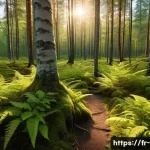 Home 22 핀란드 여름 백야 체험 - A serene Finnish forest illuminated by the eternal golden midnight sun, with tall pine and birch tre...