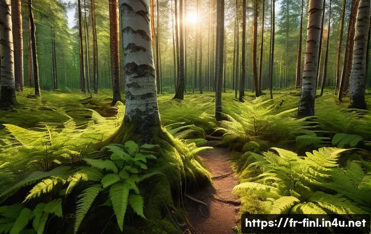 핀란드 여름 백야 체험 - A serene Finnish forest illuminated by the eternal golden midnight sun, with tall pine and birch tre...