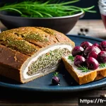 Home 20 핀란드 전통 음식 칼라쿠코 - A rustic Finnish traditional stuffed rye bread on a wooden table, cross-section showing layers of te...