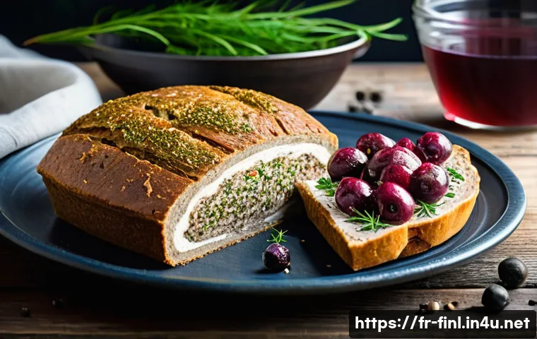 핀란드 전통 음식 칼라쿠코 - A rustic Finnish traditional stuffed rye bread on a wooden table, cross-section showing layers of te...