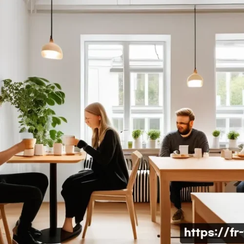 Home 31 핀란드 카페 문화 특징 - A serene Finnish café interior during daytime, featuring minimalist and elegant design with light wo...