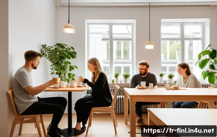 핀란드 카페 문화 특징 - A serene Finnish caf&eacute; interior during daytime, featuring minimalist and elegant design with light wo...