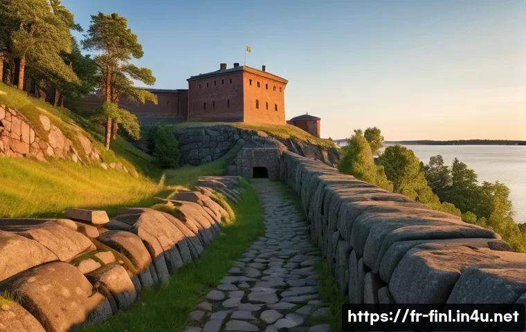 핀란드 툴레리카 성 탐방기 - A panoramic view of Suomenlinna fortress island during golden hour, showcasing its massive 18th-cent...