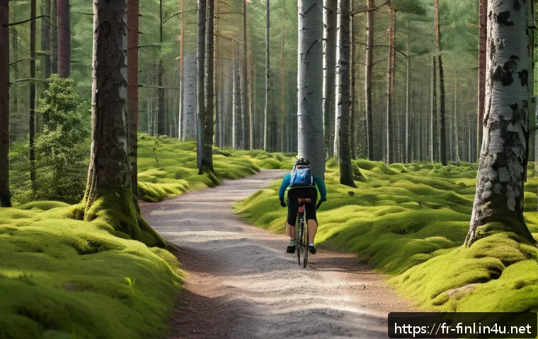핀란드에서 자전거 타기 좋은 곳 - A serene cycling trail winding through dense Finnish forests in the Lakeland region during summer, w...