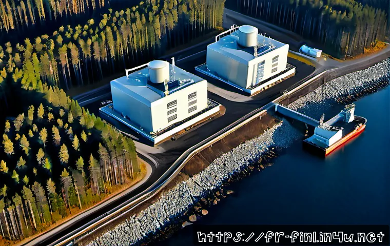 핀란드 원자력 발전소 운영 방식 - Photorealistic aerial view of a modern Finnish nuclear power station beside a calm Baltic coastline,...