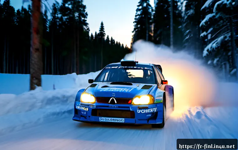 핀란드 모터스포츠 및 랠리 대회 - Photorealistic winter rally race in the Finnish countryside, a modern unbranded rally car powers thr...